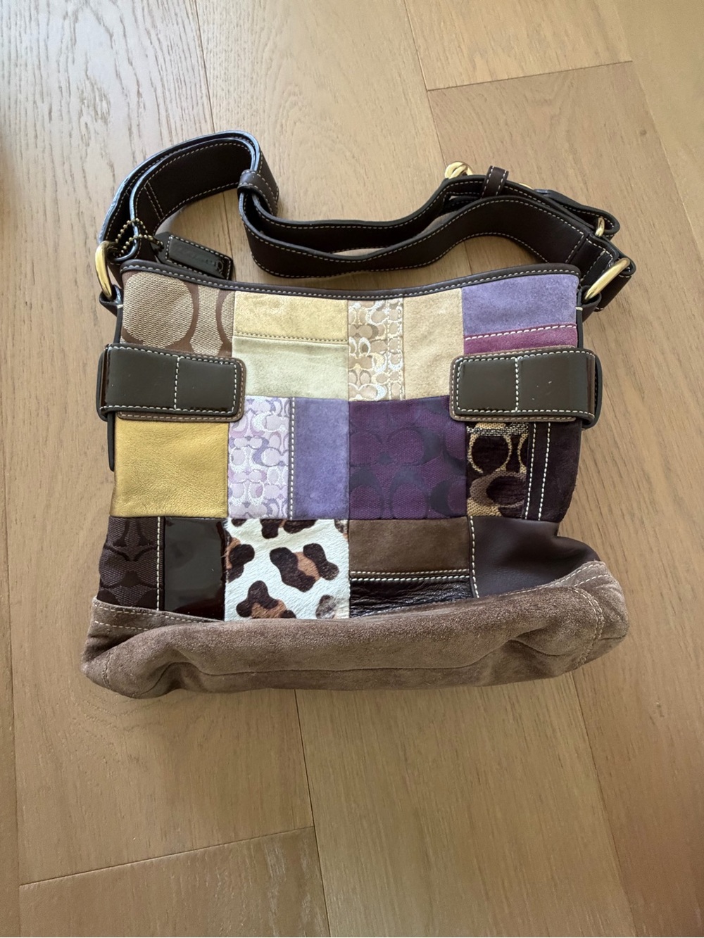 Patchwork Leather and Suede Crossbody Bag - Brown & Purple